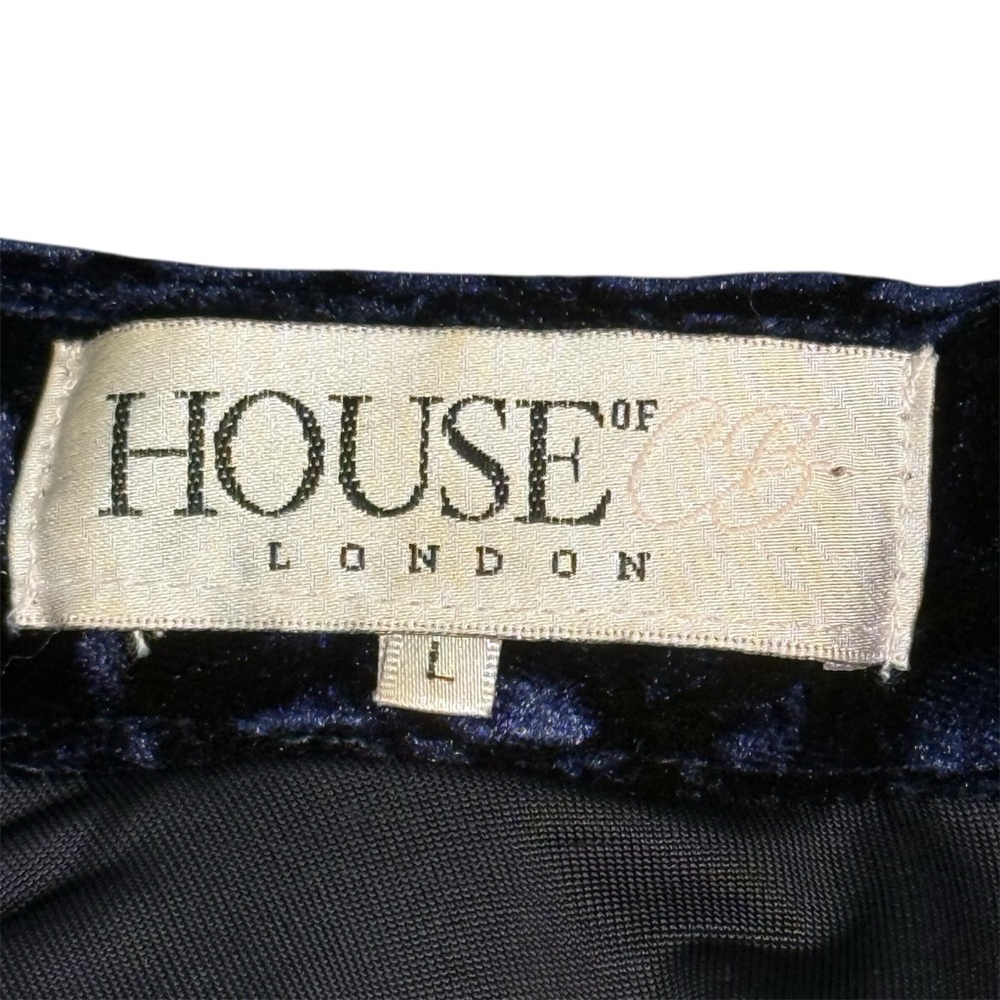 House of London Navy Velvet Mini Dress L Mock Neck Long Sleeve Shoulder Pads ( - Picture 2 of 13